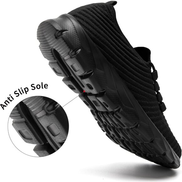 Men's Black Gym Sneaker Running Breathable Lightweight Walking Slip on Shoes - Picture 4 of 6